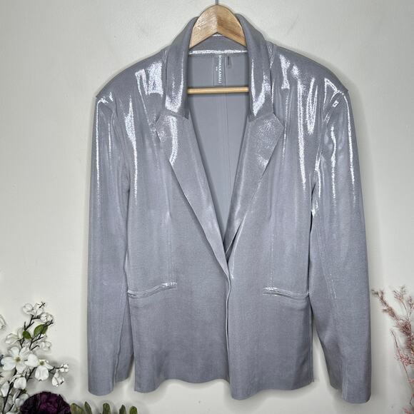 NORMA KAMALI Single Breast Straight Fit Jacket Blazer Silver Metallic Sz M {3K6} - Picture 3 of 6